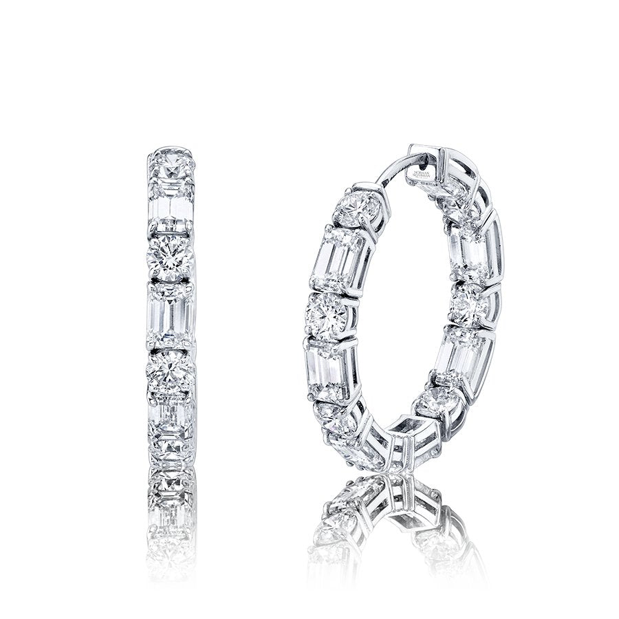 East West Mixed Shape - Emerald Cut and Round Brilliant Hoop Earrings - Chapel Hills Jewelry