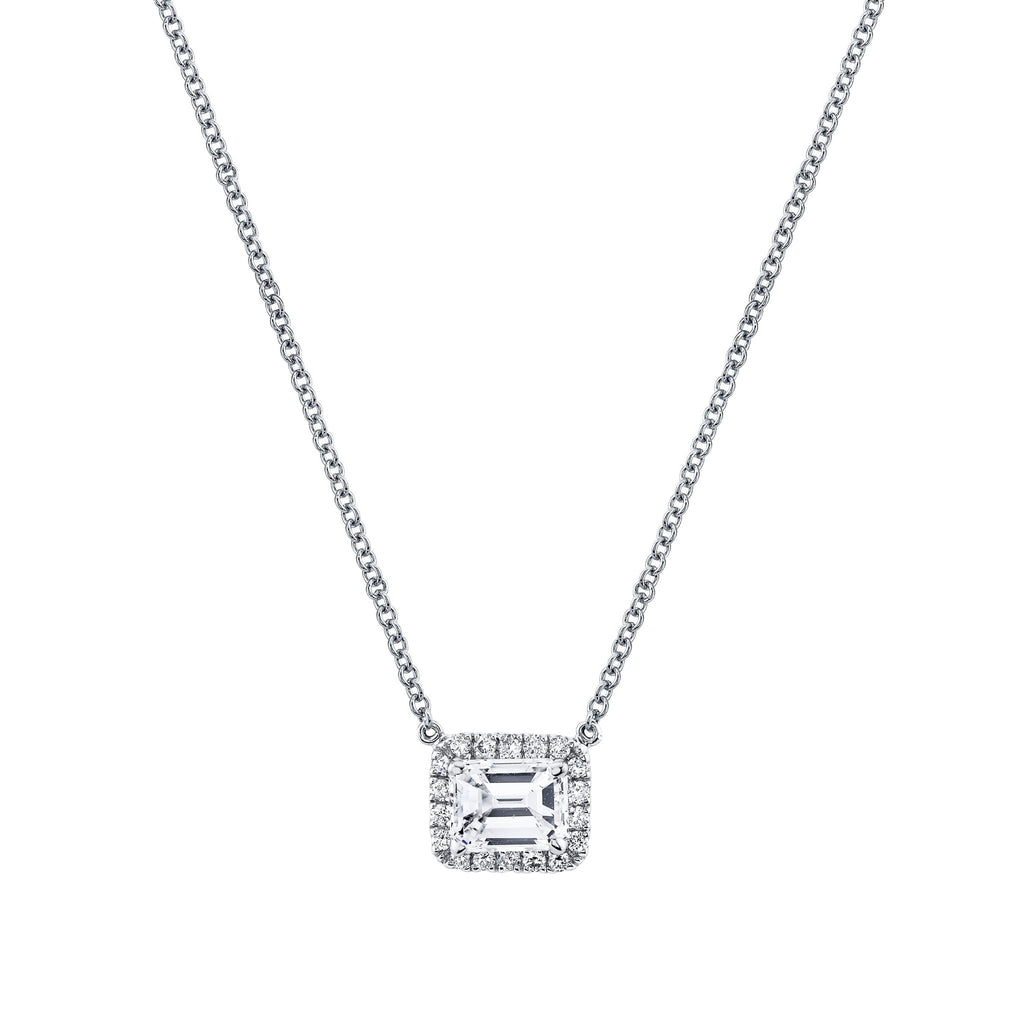 Emerald Cut Diamond Halo Pendant in 18k White Gold - Chapel Hills Jewelry