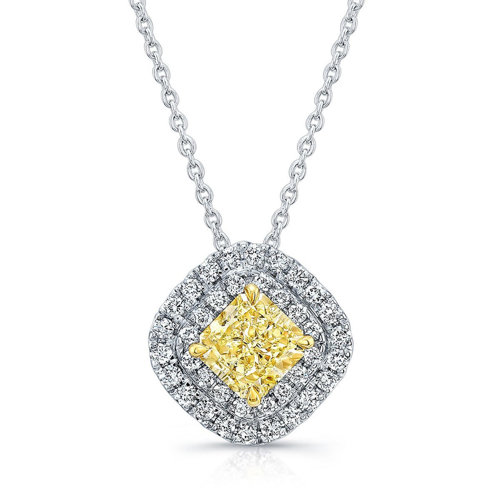 White Gold Double Halo Pavé Yellow Radiant Cut Diamond Pendant - Chapel Hills Jewelry